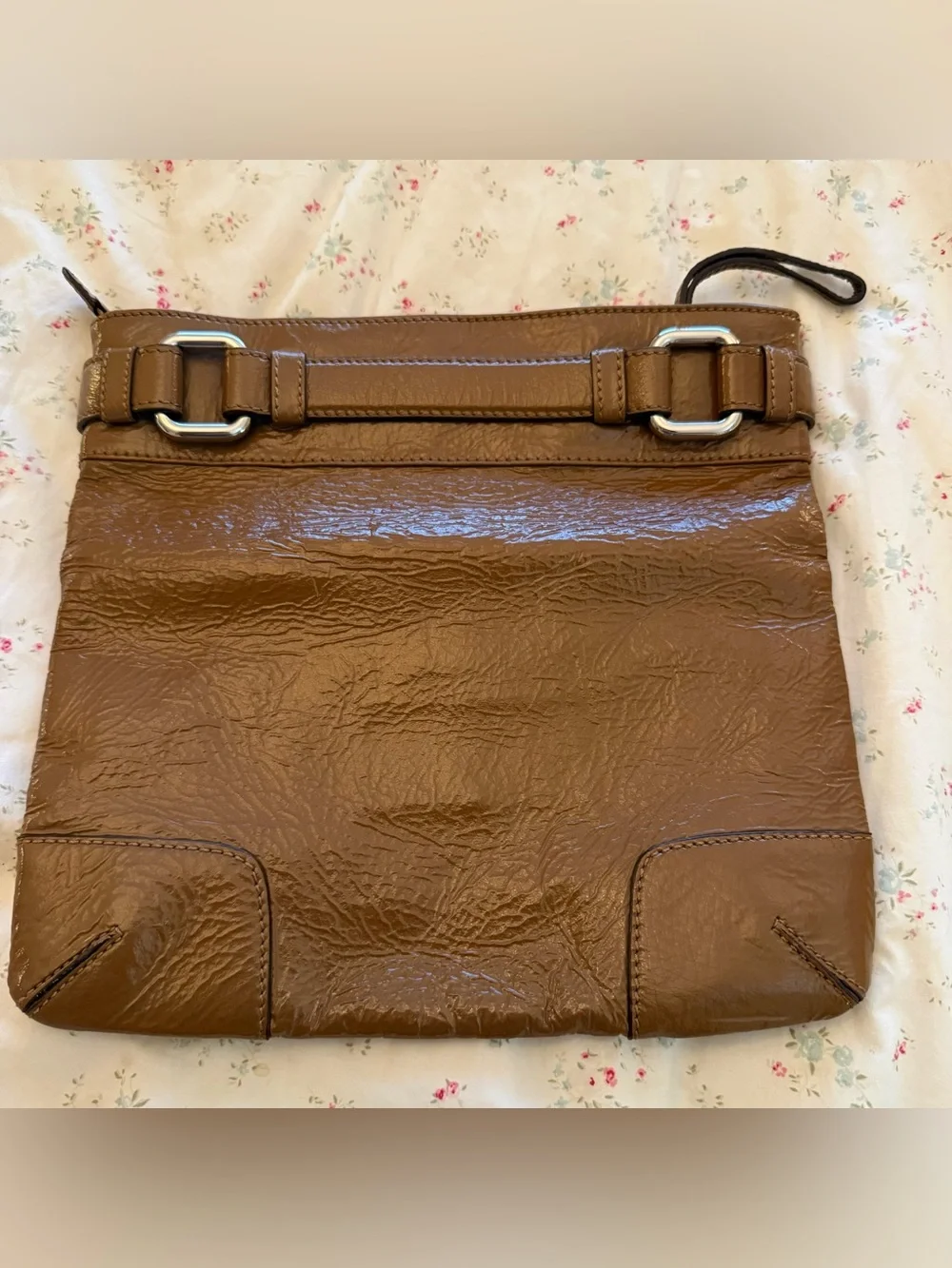 Club Monaco Y2K Cognac Brown Patent Leather Fold-Over Clutch Bag